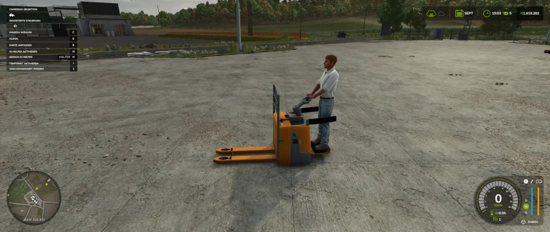 FS25 mod Jungheinrich ERE 120 v1.1.0.0 showcasing a player using an orange pallet truck in Farming Simulator 25.