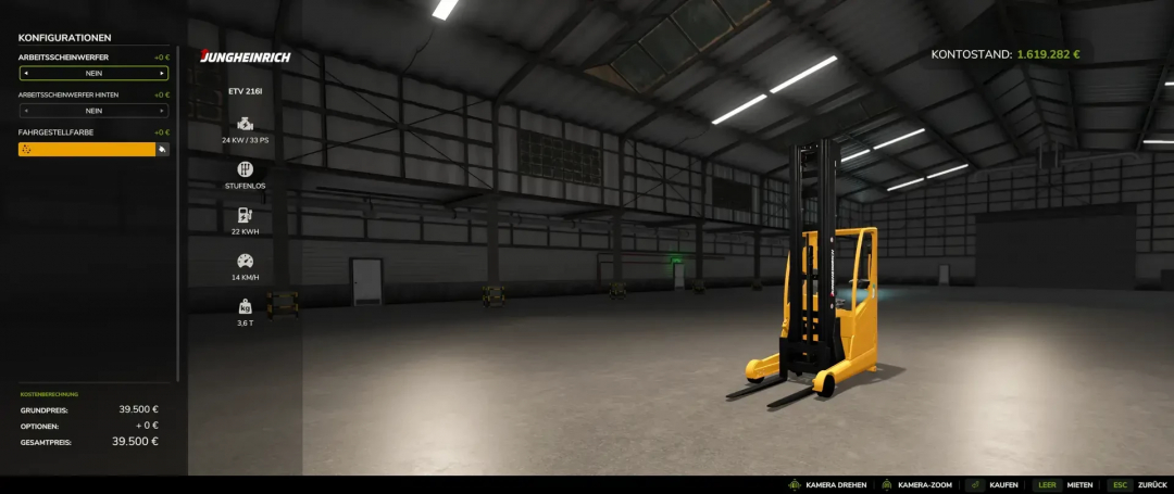 Jungheinrich ETV 216i forklift in Farming Simulator 25 mod menu, showcasing customization options.