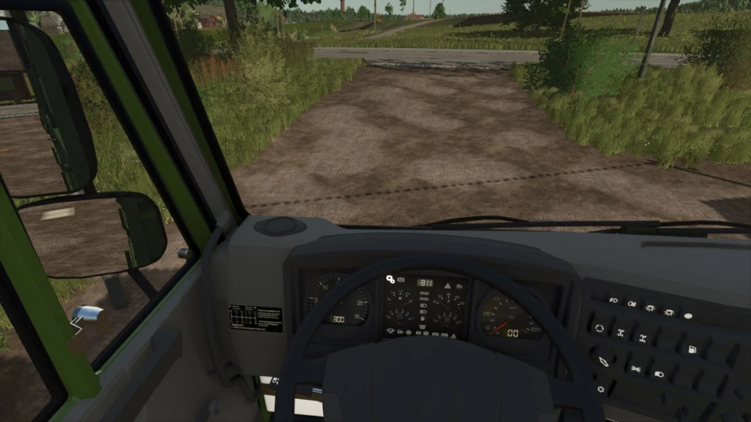 Interior view of KamAZ-6522 truck mod in Farming Simulator 25, showing dashboard and rural road.