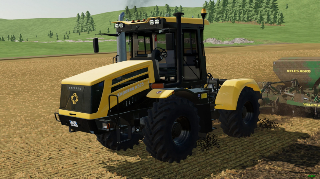 Kirovets K5 tractor mod in Farming Simulator 22 fieldwork, enhancing gameplay with realistic machinery.