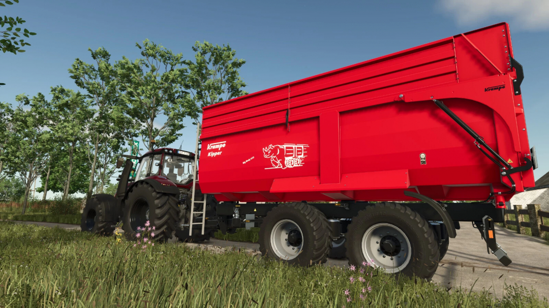 FS25 mod Krampe Big Body 650 trailer v1.1.0.0 showcased in a farm setting, enhancing Farming Simulator 25 gameplay.