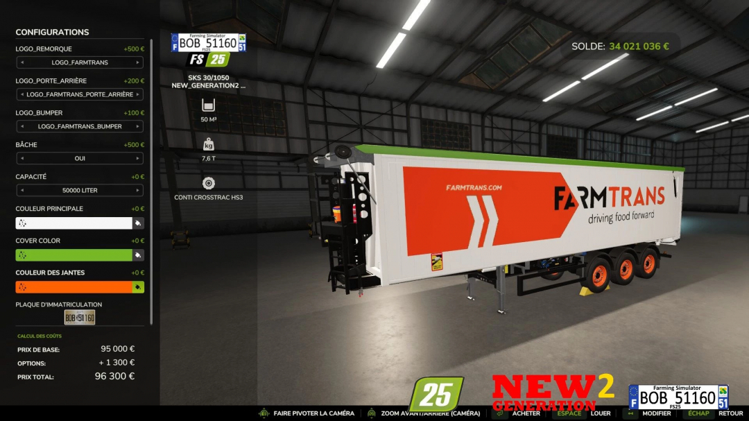 FS25 mod Krampe SKS 30 150 New Generation 2 v1.0.0.0 in a garage, showing configurations and logo branding options.