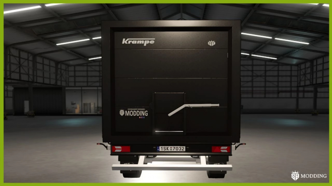 Rear view of Krampe SKS30 v1.0.0.1 mod for Farming Simulator 25 in a warehouse setting.