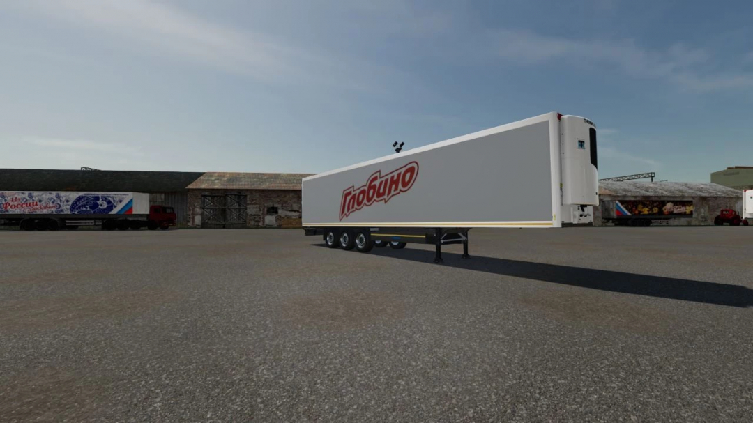 Krone Coolliner mod for FS22, featuring a large refrigerated trailer with branding, in a warehouse setting.