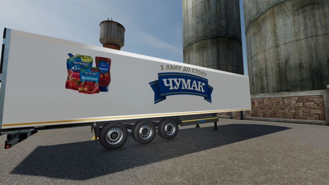 FS22 mod Krone Cooliner trailer with advertisements, in a Farming Simulator 22 setting.