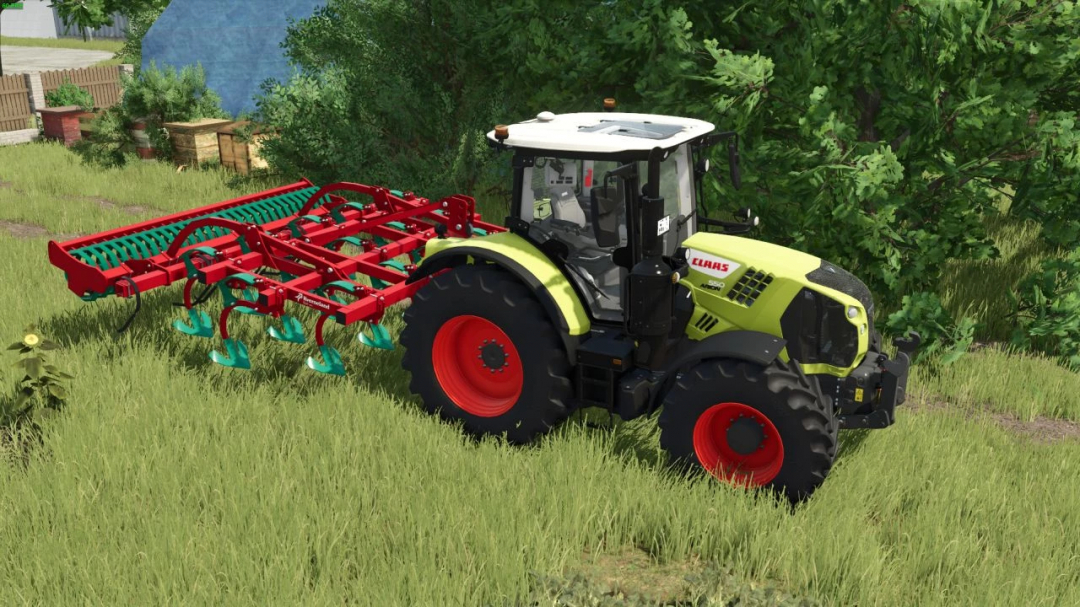 Kverneland CLC Pro mod attached to a Claas tractor in FS25, showcasing detailed farming equipment in lush green scenery.