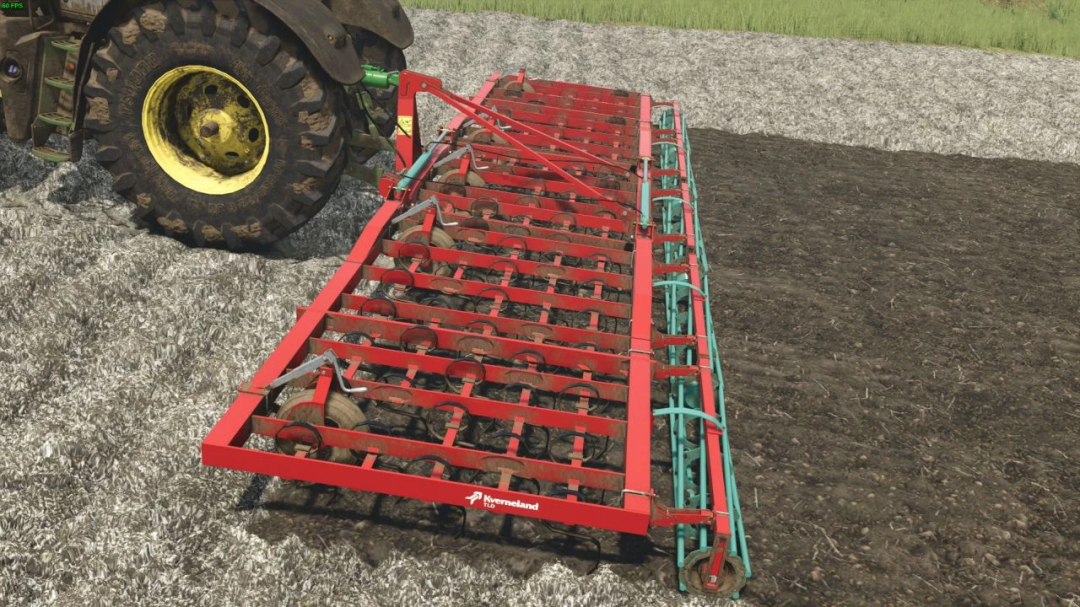 Kverneland TLD91 mod in FS25 showcasing a red cultivator attached to a tractor on a field.