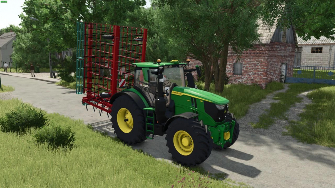 FS25 mod Kverneland TLD91 v1.0.0.0, green tractor with red tiller on road, lush vegetation.