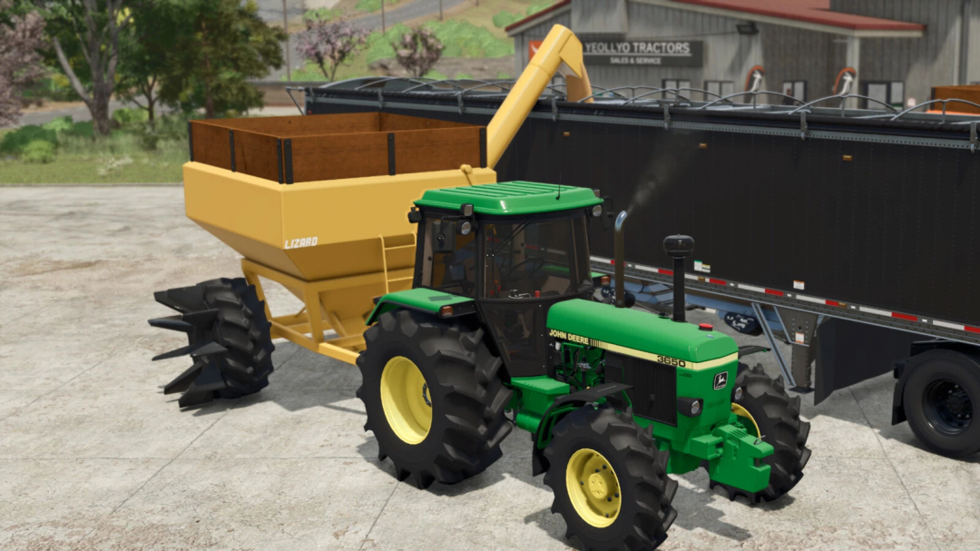 FS25 mod: LIZARD 60 v1.0.0.0, a yellow farming trailer hitched to a green tractor in Farming Simulator 25.