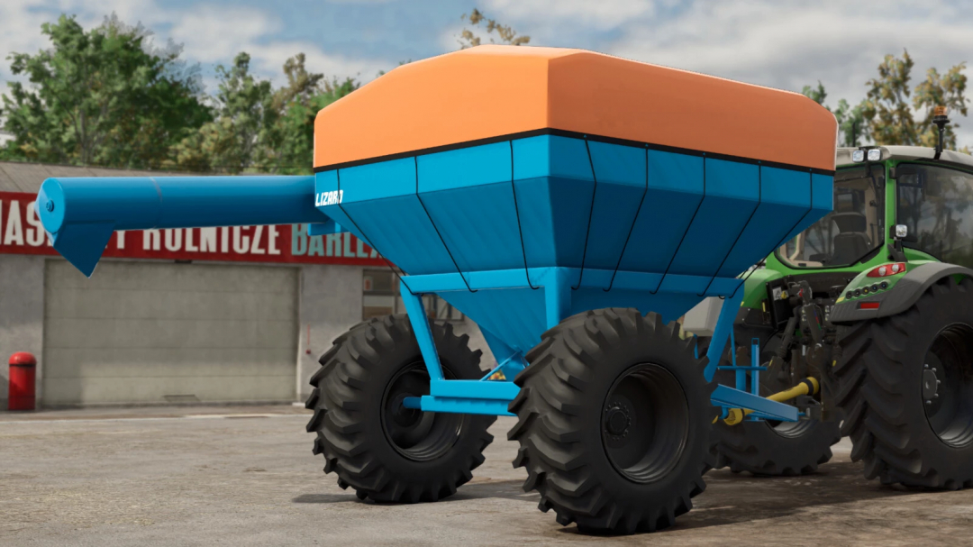 LIZARD 60 trailer in FS25 mod, featuring blue and orange design, attached to tractor in Farming Simulator 25.