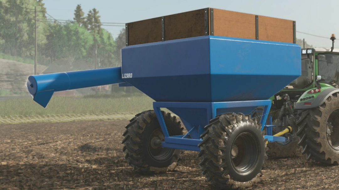 LIZARD 60 trailer in FS25 mod, attached to a tractor on farmland.