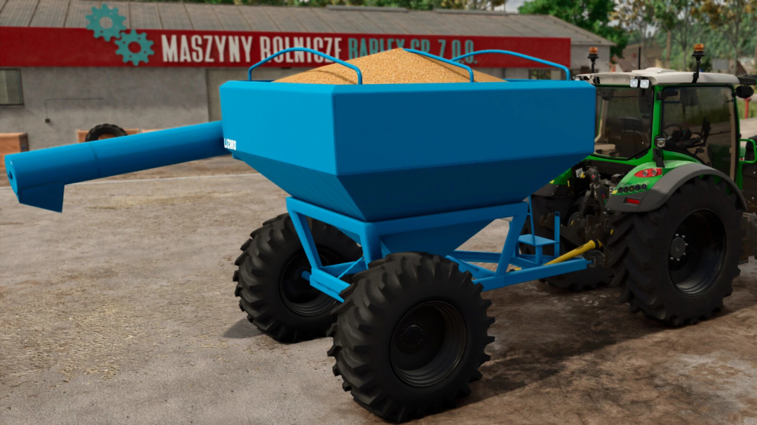 LIZARD 60 mod in FS25 showing a blue grain cart attached to a tractor.