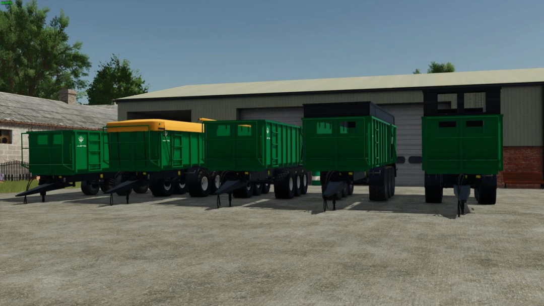 FS25 mod Laumetris 24 Old Generation v1.0.0.0 showing four green trailers parked in front of a barn.