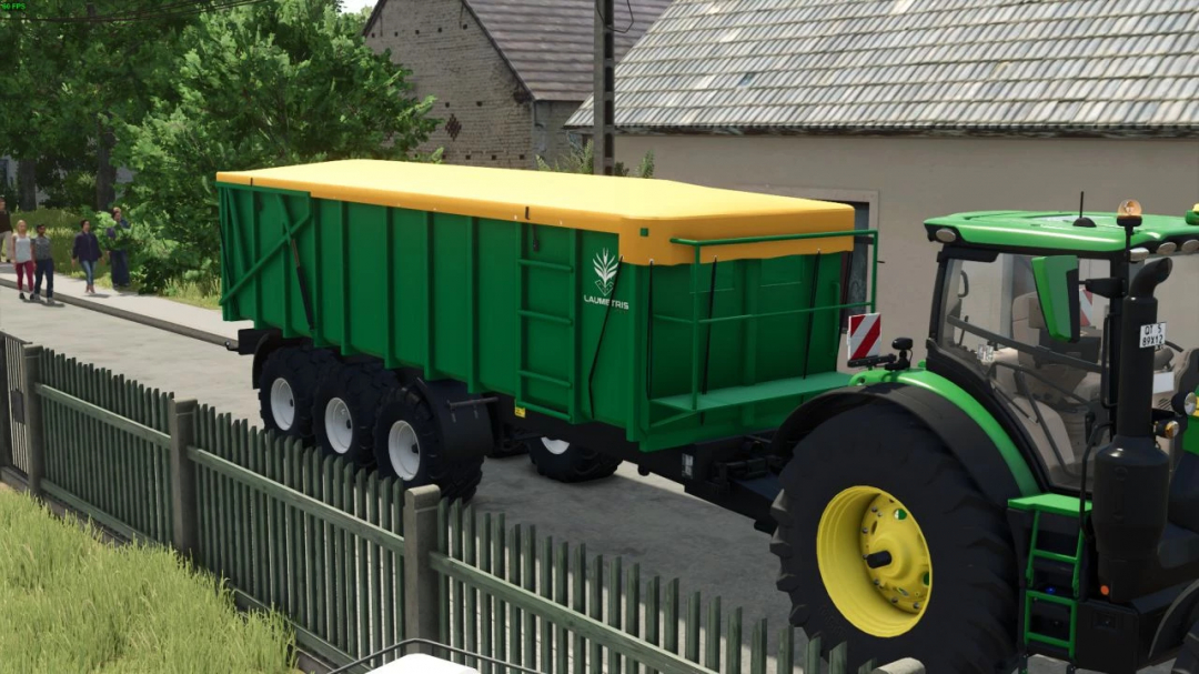 FS25 mod Laumetris 24 Old Generation trailer attached to a tractor on a rural road.