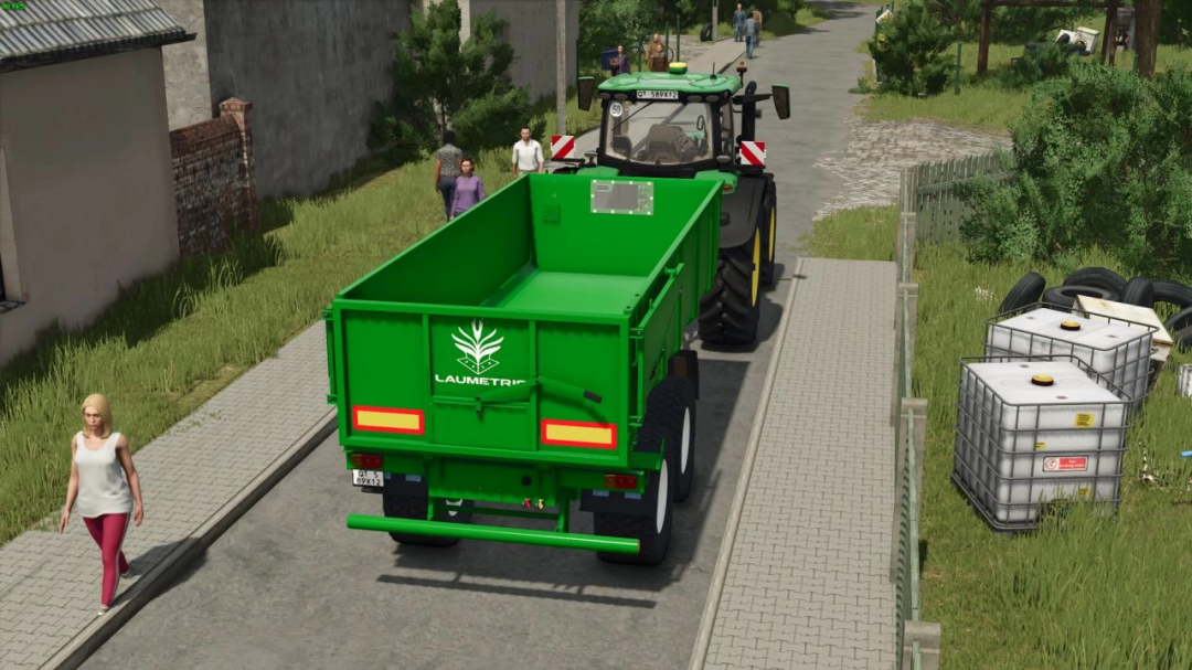 Laumetris PTL12 trailer in FS25 mod, Farming Simulator 25, on a village road.