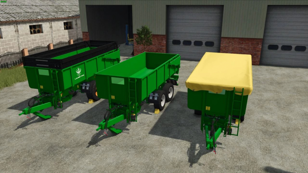 Three green Laumetris PTL12 trailers in Farming Simulator 25 mod, parked outside a barn.