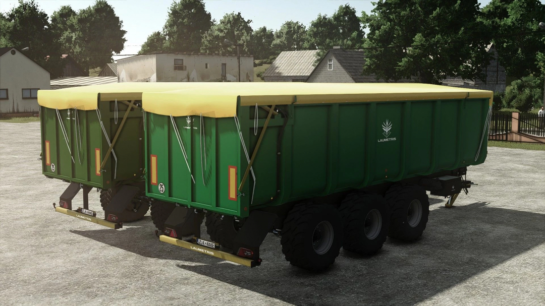 FS25 mod Laumetris PTL30 v1.0.0.0 showcasing two green agricultural trailers with yellow covers, ideal for Farming Simulator 25.