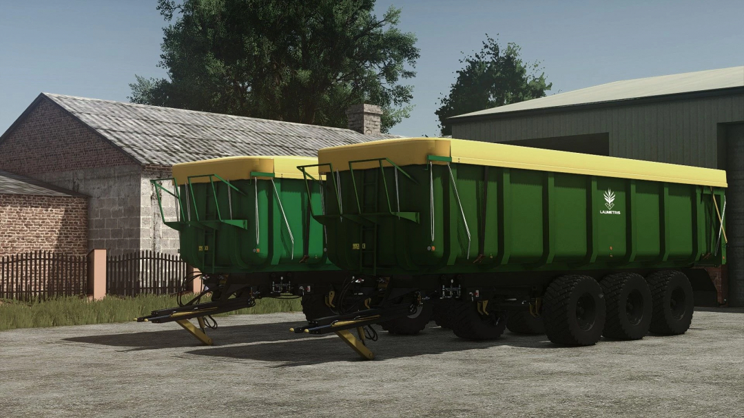 Laumetris PTL30 trailers mod in FS25, showcasing green trailers with yellow covers in a farm setting.