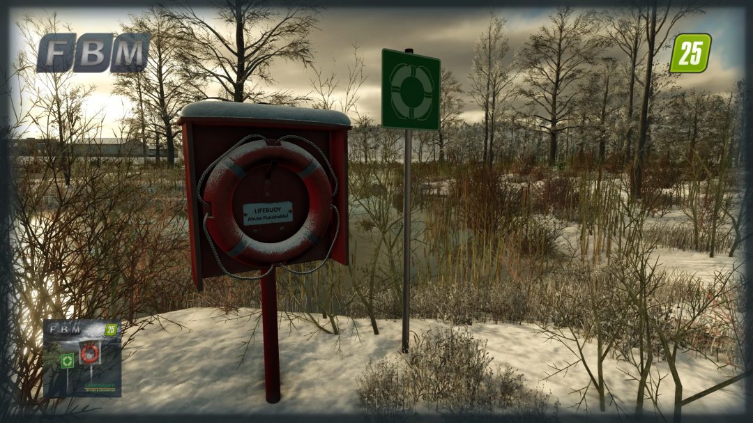 Lifebuoys mod in FS25, showing a lifebuoy stand and sign in a snowy landscape.