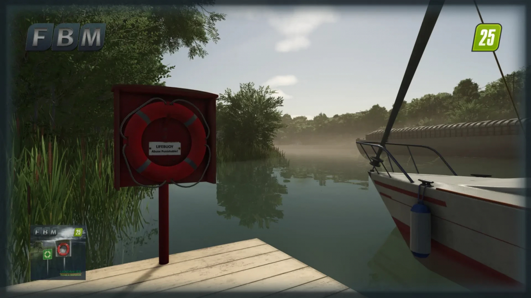 FS25 mod Lifebuoys v1.0.0.0 features a lifebuoy on a dock with a boat on a serene lake in Farming Simulator 25.