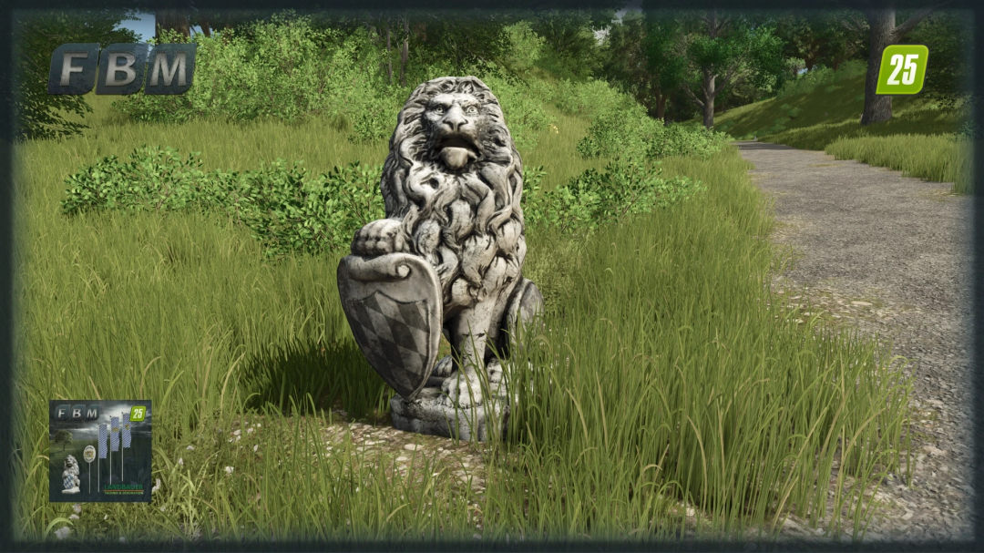 FS25 mods: Little Bavarian Package features a lion statue on a grassy path in Farming Simulator 25.