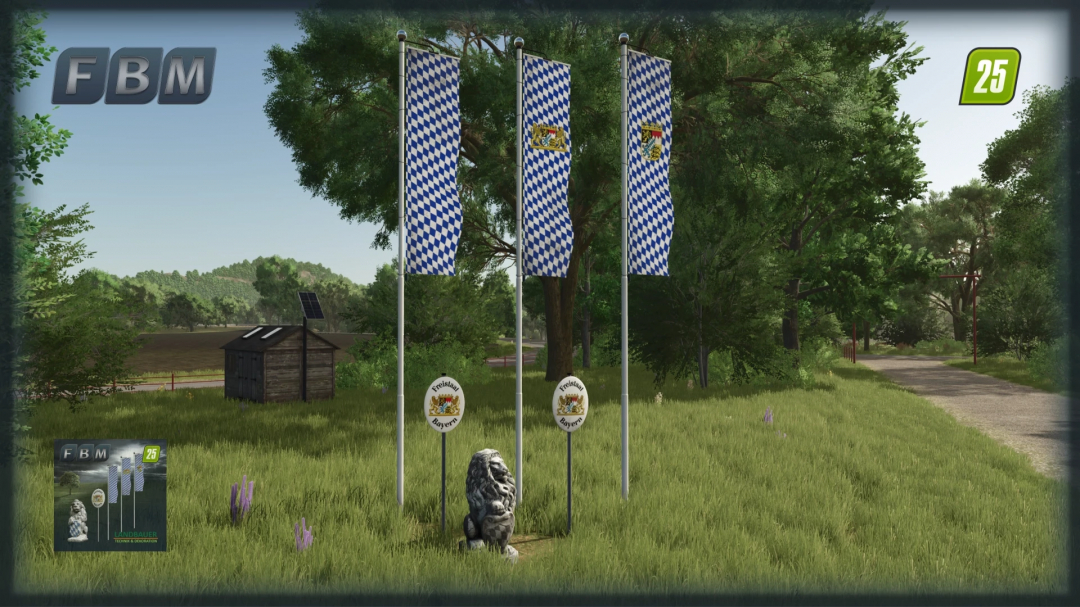 FS25 mod Little Bavarian Package v1.0.0.0 with Bavarian flags and lion statue in a lush green setting.