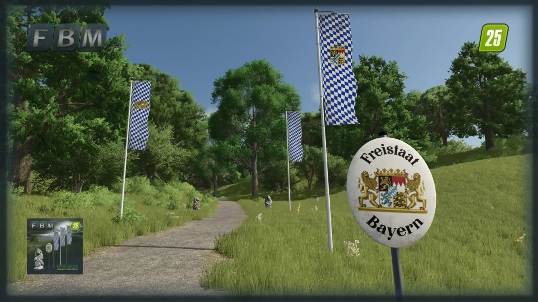 FS25 Little Bavarian Package mod featuring Bavarian flags and scenic path.