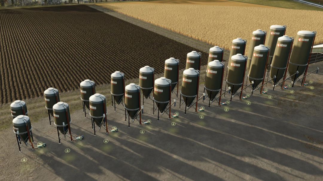 Lizard Silo Pack v1.0.0.0 in FS25 featuring multiple green silos on a farm, enhancing storage options in Farming Simulator 25 mods.