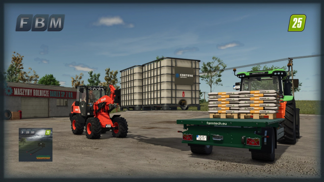 FS25 Long Pallet Fork mod showcasing a forklift and tractor with seed pallets at a farm.