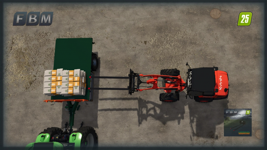 Top view of a tractor using the Long Pallet Fork mod in FS25 to lift pallets on a trailer.