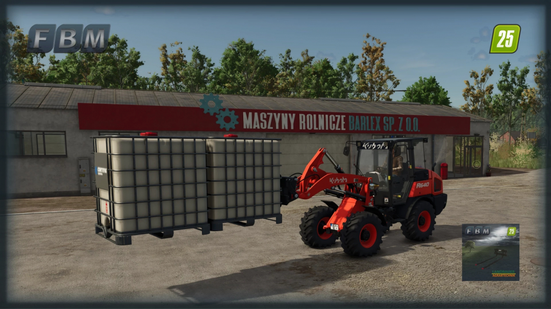 FS25 mod Long Pallet Fork v1.0.0.0, forklift lifting pallets at a farm shop.