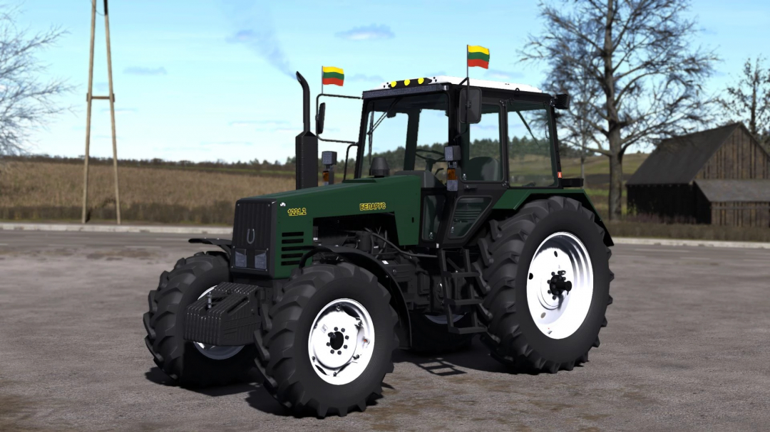 MTZ 1221 Edit v1.0.0.0 mod for Farming Simulator 25 featuring a green tractor with flags, showcasing FS25 mods.