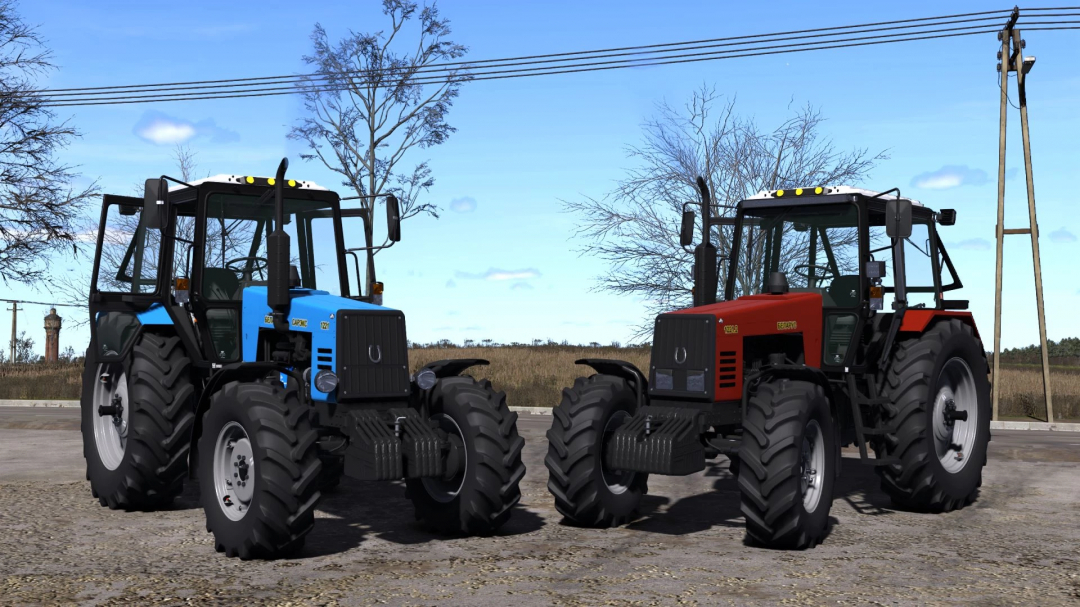 Two MTZ 1221 tractors in blue and red, featured in FS25 mods, parked on a rural path.