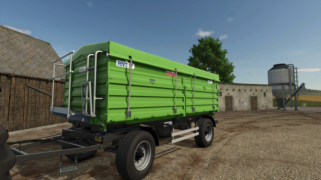 Green Madara Agro Dunav RNT trailer mod in FS25 game environment.