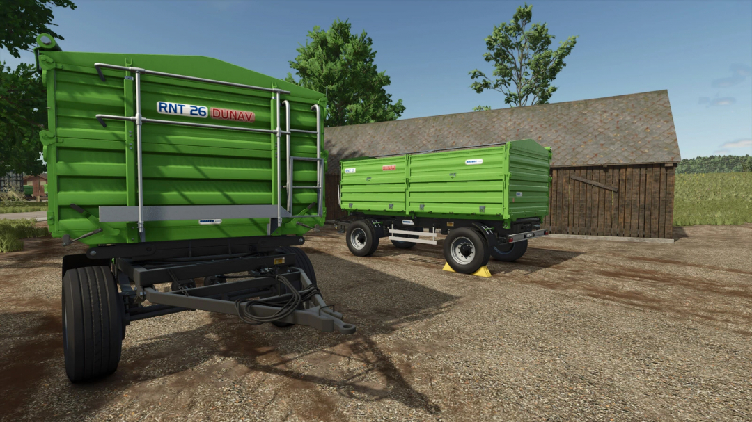 Two green Madara Agro Dunav RNT trailers in Farming Simulator 25 mod scene.