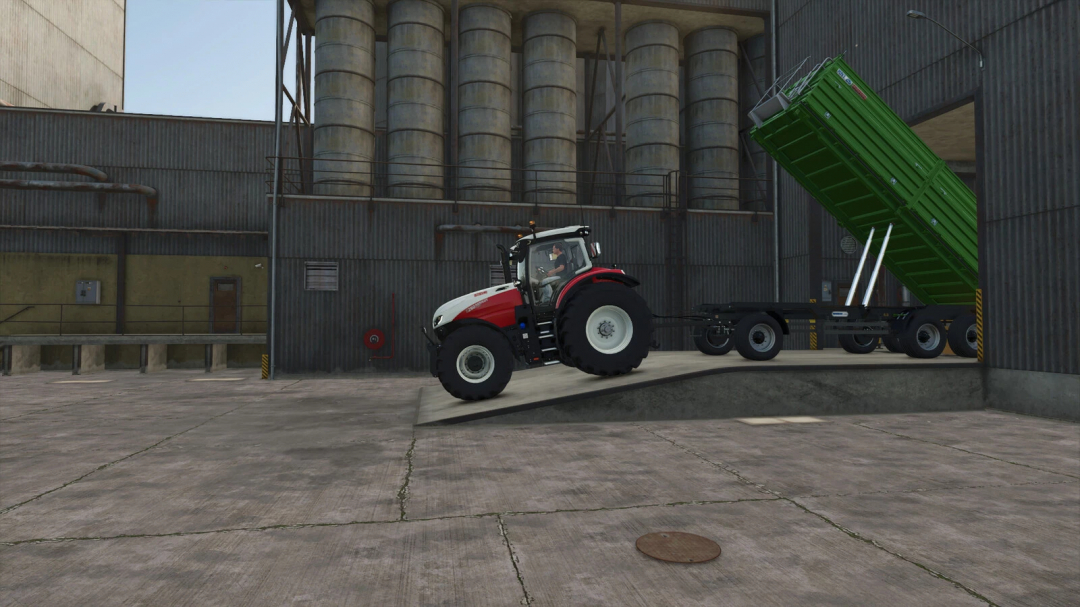 FS25 mods image showing Madara Agro Dunav RNT Series v1.0.0.0 with tractor unloading a green trailer at an industrial site.