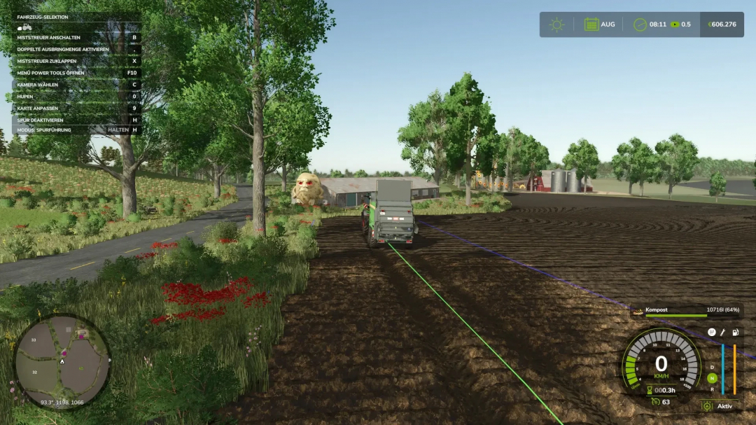 FS25 mod Map Feliz v1.1.0.0 shows a tractor plowing a field with trees and farm buildings in the background.