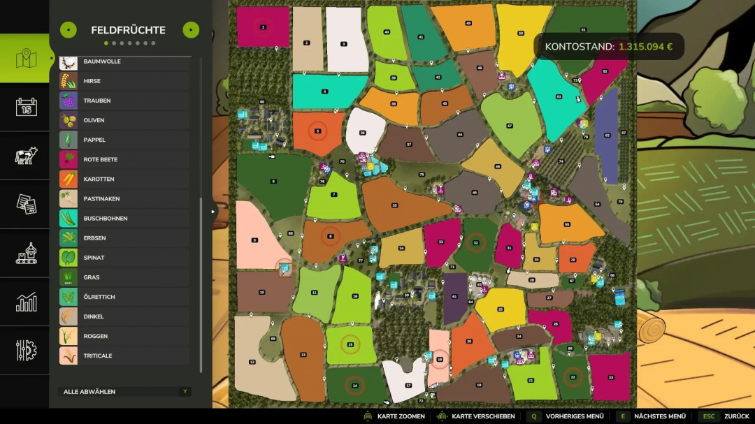 Map Feliz v1.1.0.0 in FS25 showing diverse fields in various colors with a crop selection menu on the left. Farming Simulator 25 mods.