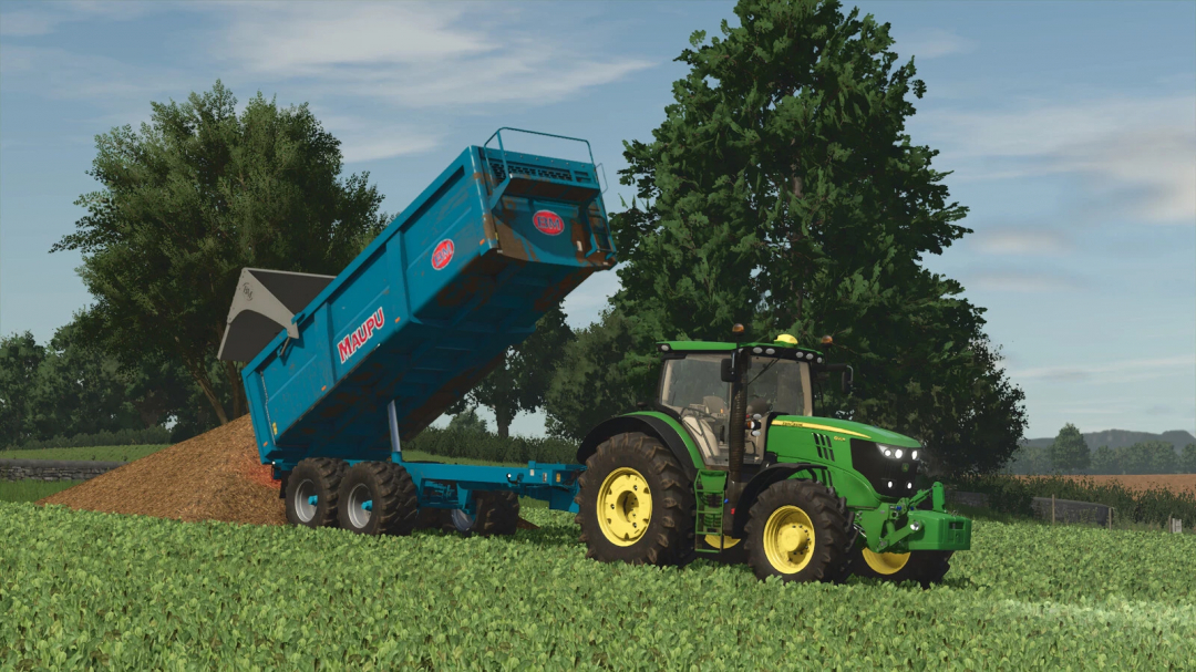 FS25 mod: Maupu Evo BBM 18-24 trailer unloading soil in a field next to a tractor in Farming Simulator 25.