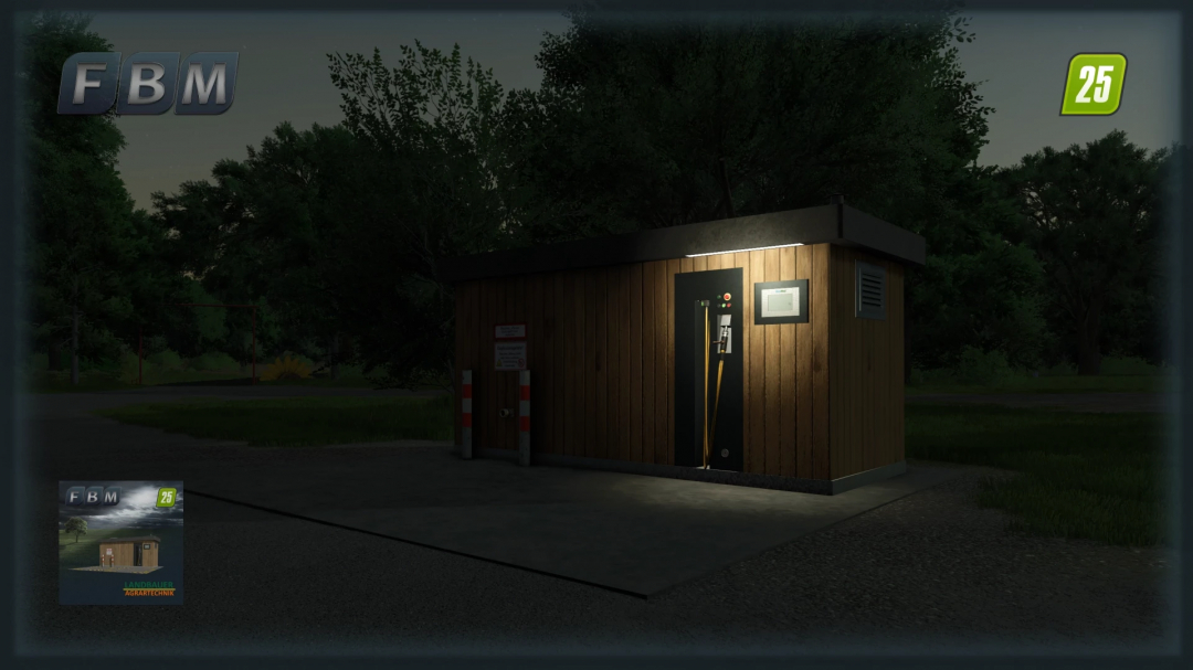 FS25 mod Methane Station v1.0.0.0, a wooden building illuminated at night in Farming Simulator 25.