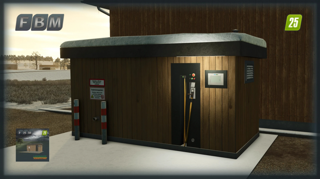 FS25 mod Methane Station v1.0.0.0: wooden station structure with signs and controls, set in a snowy landscape.