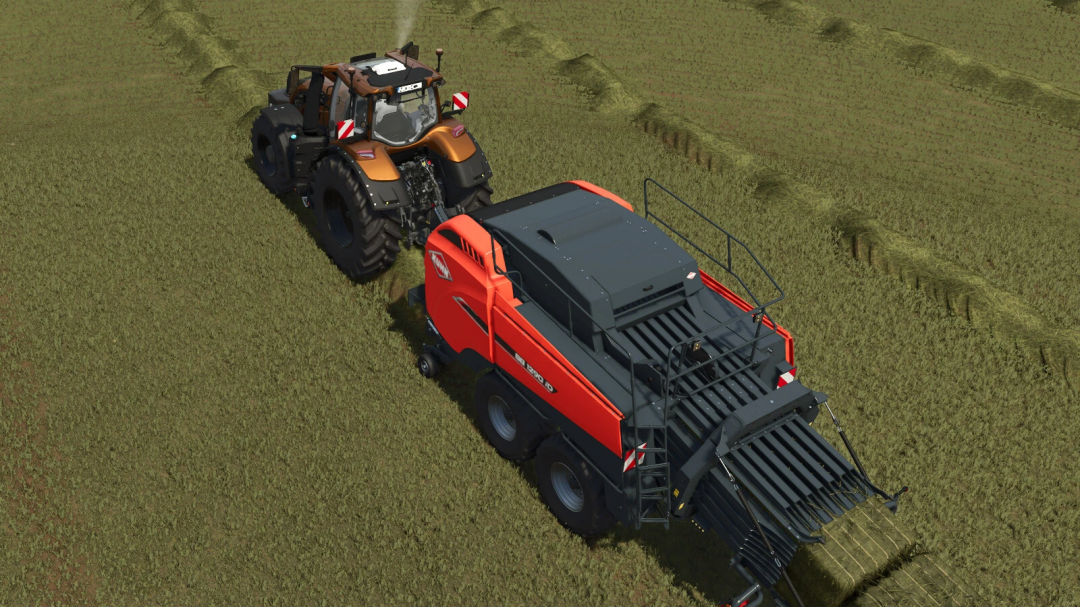 FS25 mod Missions Expanded v1.0.0.1 shows a tractor and baler working on a field.