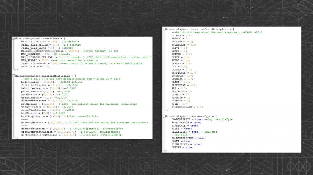 FS25 mods: Missions Expanded v1.0.0.1 script showcasing mission and fruit multipliers, and work area types.