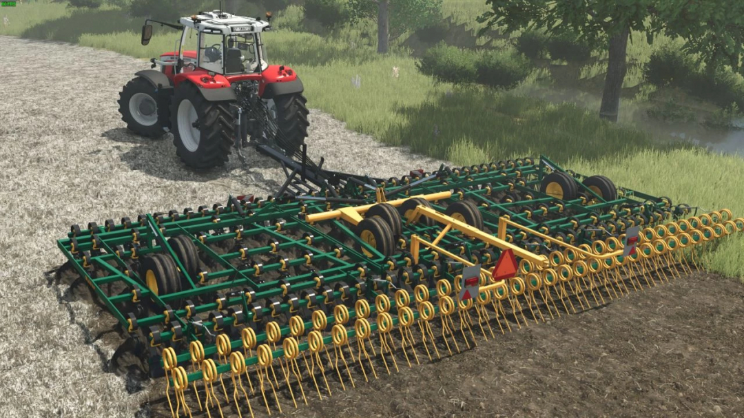 Multiva Optima T1000 mod in FS25 showing a red tractor with a green and yellow implement on a farm field.