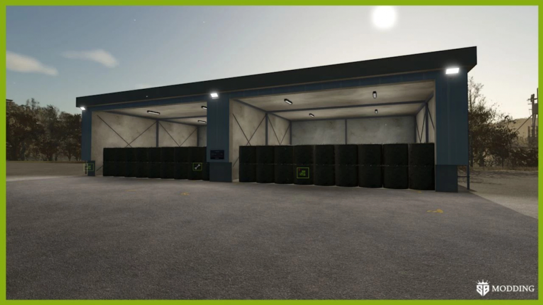 FS25 mods Object Storage v1.0.0.1 showing a spacious storage area with stacked bales against a wall, under a clear sky.