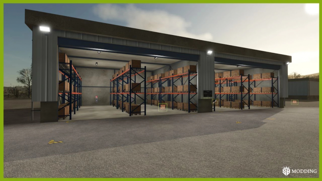 FS25 mod Object Storage v1.0.0.1 showcasing a warehouse with shelves in Farming Simulator 25.