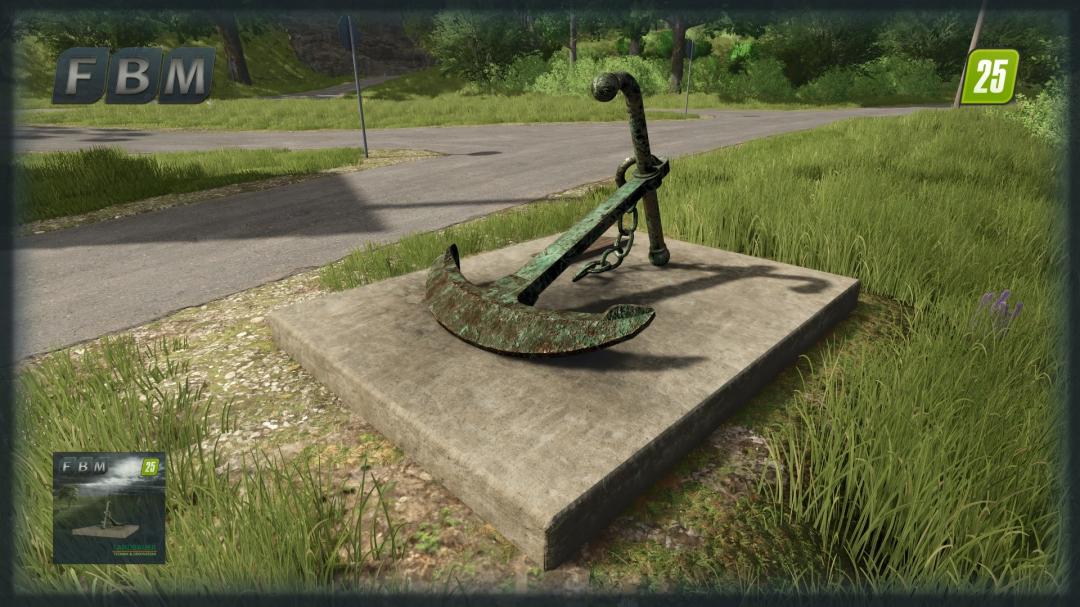 Old Harbor Anchor mod for Farming Simulator 25 shown in a grassy area. FS25 mod enhances the scenery with vintage maritime decor.