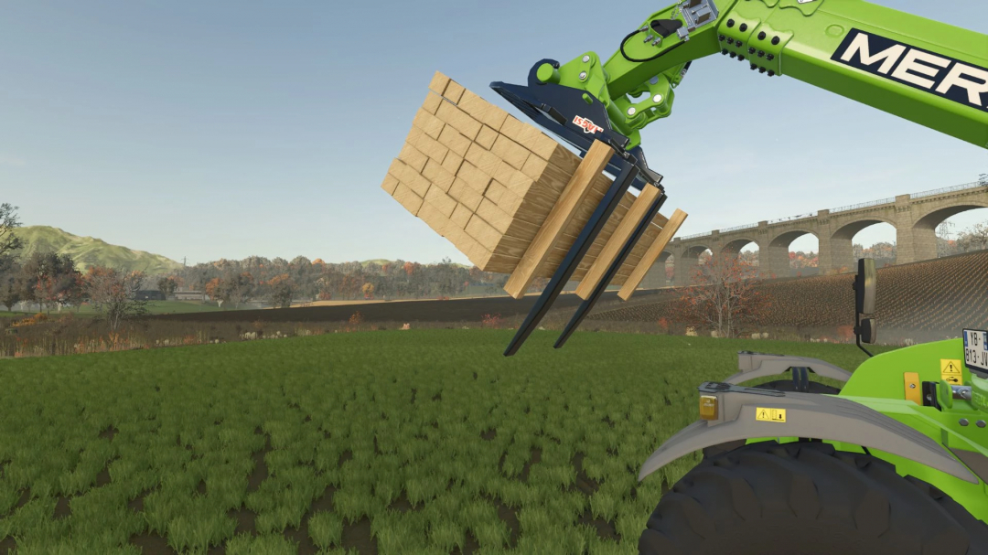 FS25 mod Pallet Fork Pack with TensionBelt lifts wooden pallets using a green telehandler on a farm.