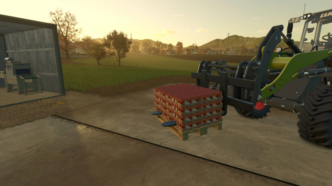 FS25 mods: Pallet Fork Pack with TensionBelt lifting a pallet of goods in Farming Simulator 25.