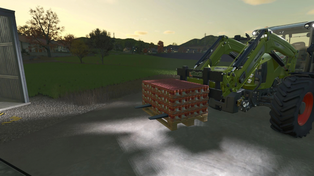 FS25 mod Pallet Fork Pack with TensionBelt lifting a pallet of goods in Farming Simulator 25.